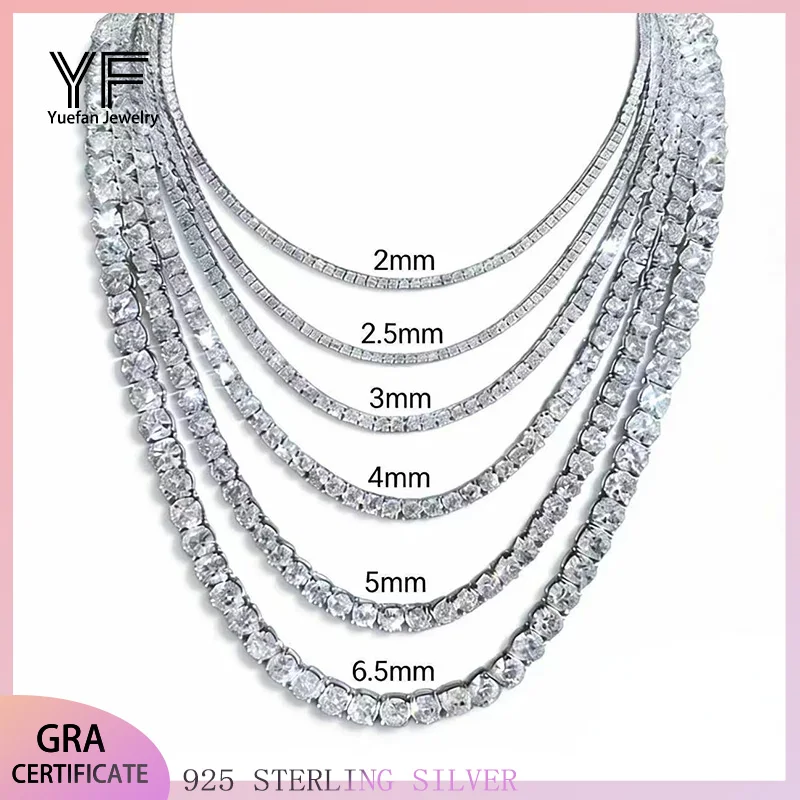 

S925 silver 2/3/4/5/6.5mm genuine moissanite tennis necklace plated with 18k gold D color VVS1 certified hip-hop trendy Fine