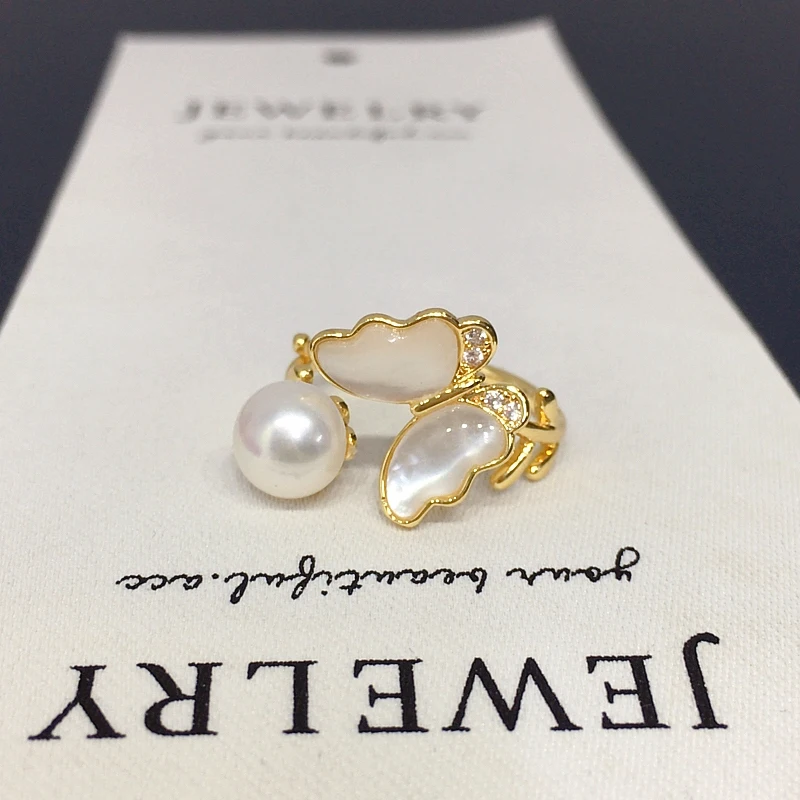 

Natural freshwater pearl ring with a light luxury and high-end feel Sea shell butterfly pearl ring bracelet