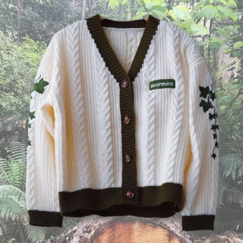 Spring Women Oversize Folklore Embroidered Flowers Holiday Cardigan Y2k Spring Green Vine Embroidery Cardigans Women Pullovers