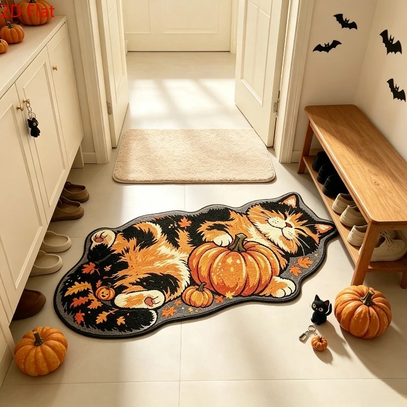 VIKAMA Thanksgiving Maple Leaf Cat Pumpkin Rug Non Slip Floor Mat for Living Room Bedroom Fall Home Decor Washable Carpet