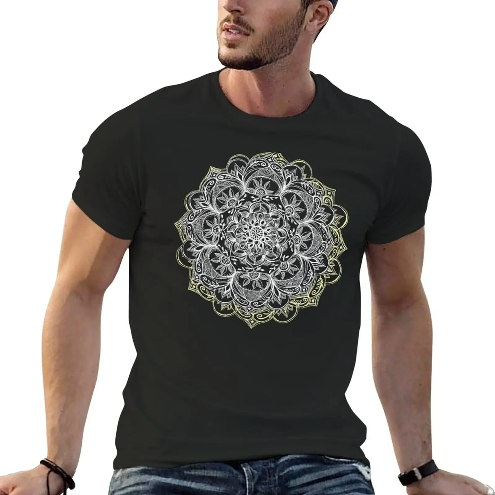 

Yellow & White Mandalas on Grey T-Shirt Short sleeve tee graphic shirts mens designer t shirt