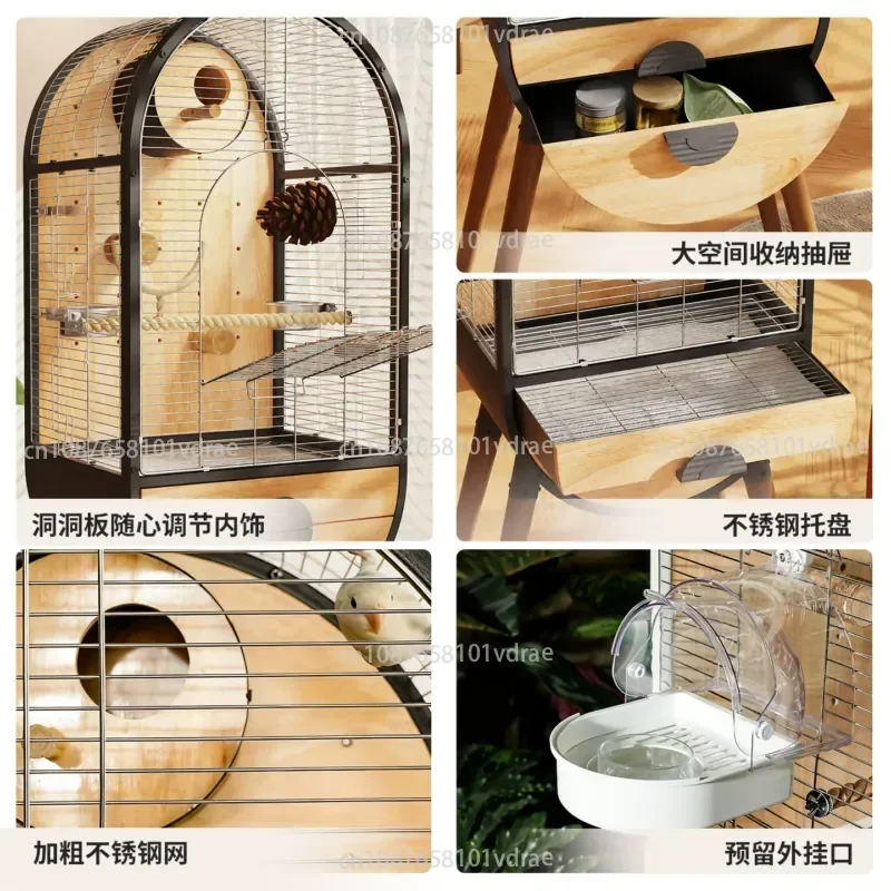 Stainless Steel Bird Cage—Attachable Parrot Cage; Deluxe Solid Wood Nest Suitable for Monk Parakeets and Rosy-faced Lovebirds