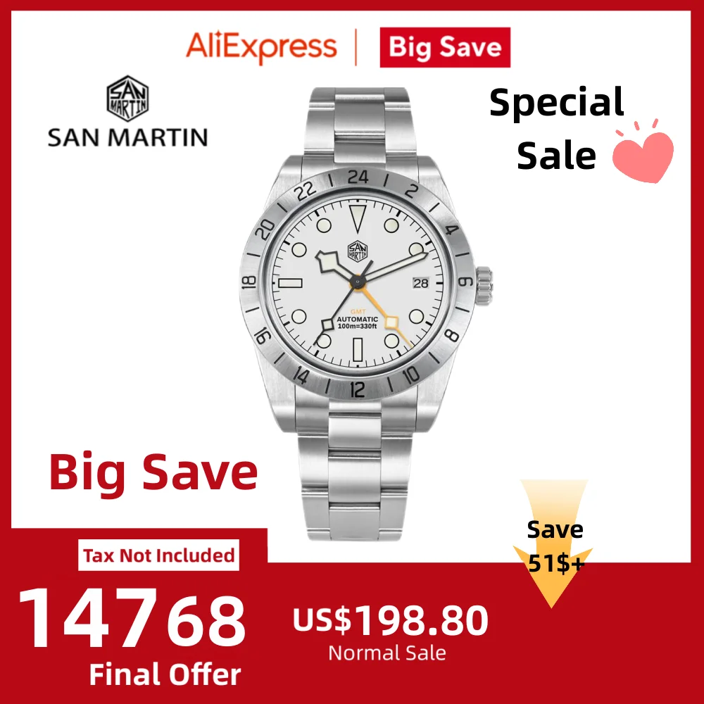 San Martin 39mm BB GMT İzle NH34 Otomatik Kol Saati Adam Tarihi BGW-X1 Aydınlık Montre Homme Su Geçirmez 10Bar Safir SN0054E