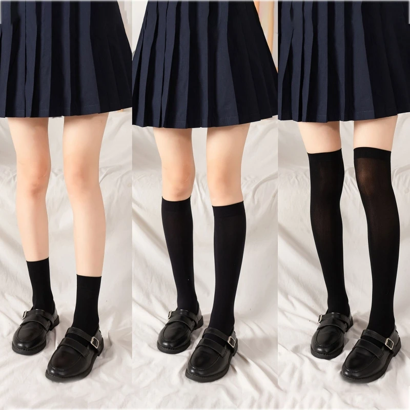 Women Solid Color Thigh High Stockings Thin Student Calf Socks