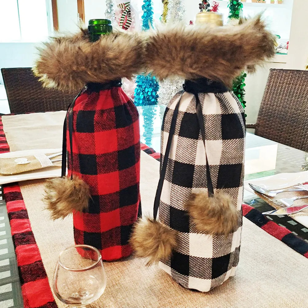 

2Pcs Wine Bottle Sleeve Christmas Cover Red Black Elastic Grid Pattern Bottle Protector Pouch Travel Picnic Bbq Cooler Wrap