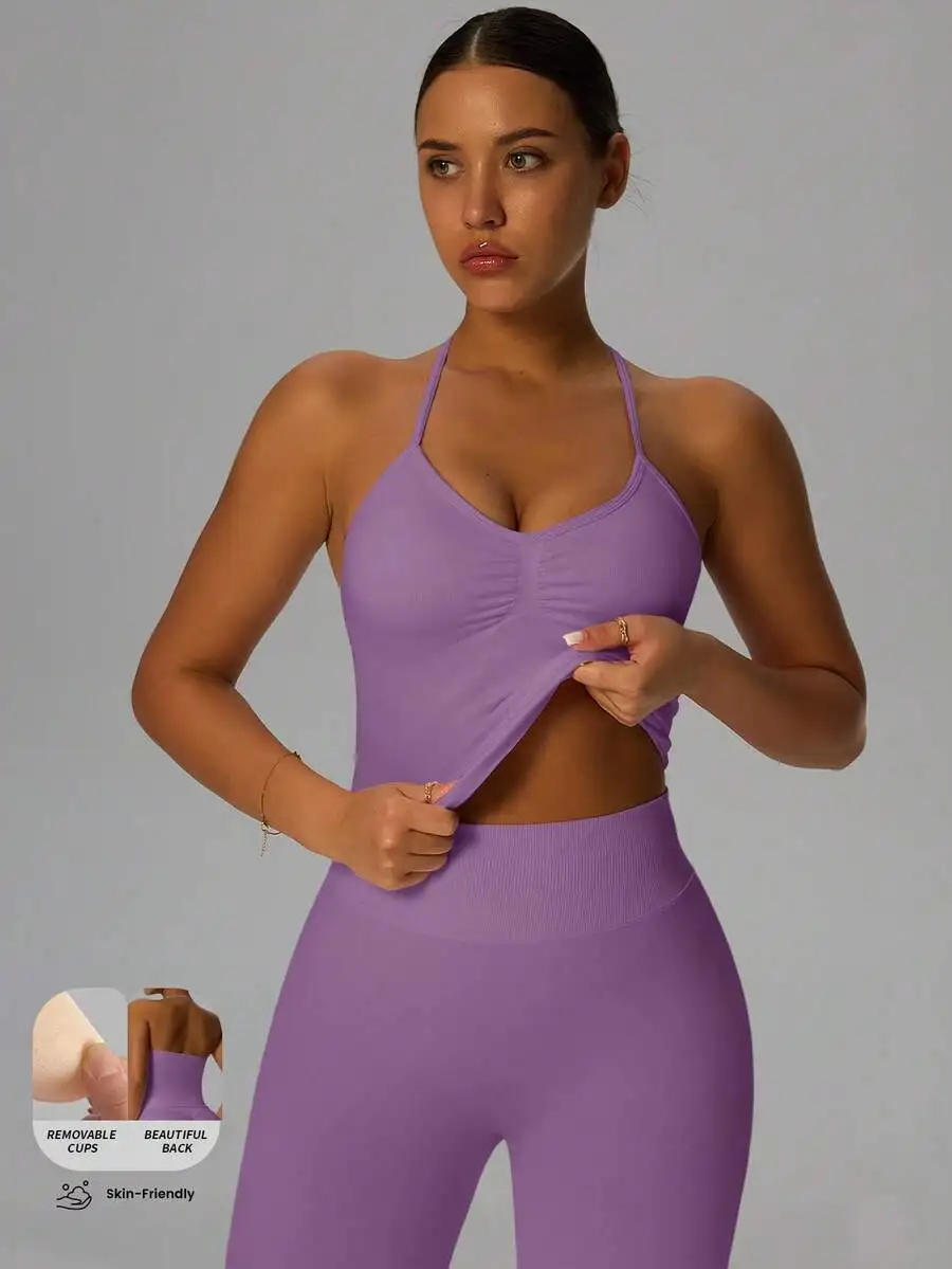 

Purple Ruched Backless Yoga Crop Top With Removable Cups Women Fitness Sports Tank