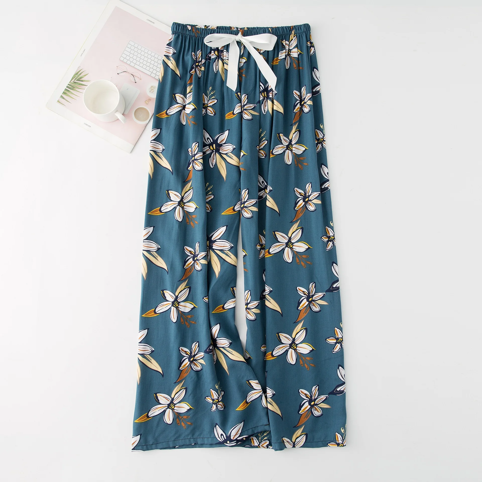 Soft Home Pants Women Spring Summer Sleep Pants Cute Floral Printed Pajama Pants Wide Leg Loose Plus Size Calf-length Bottoms