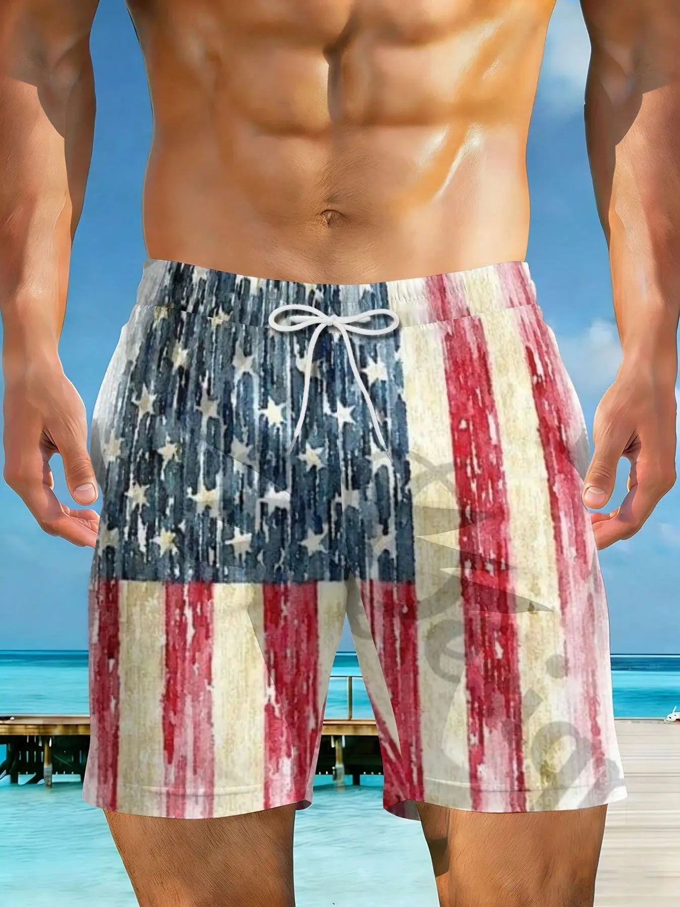 

2026 Summer New Styles American Flag Watercolor Pattern Plus Size Men's Casual Beach Shorts Suitable For Summer Outings And Beach Vacations Surfing And Relaxation Activities