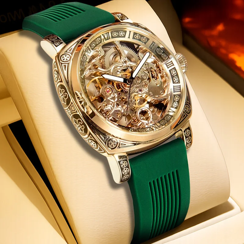 

Мужские повседневные механические часы с зеленой лентой и светящимися древними римскими цифрами