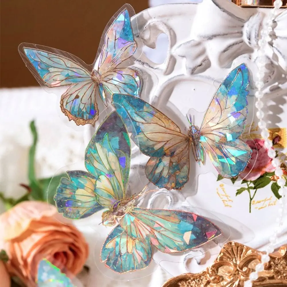 20pcs/bag DIY Crafts Ice Crystal Laser Butterfly Sticker Decorative Handmade Butterfly Collage Sticker Shiny PET Scrapbooking