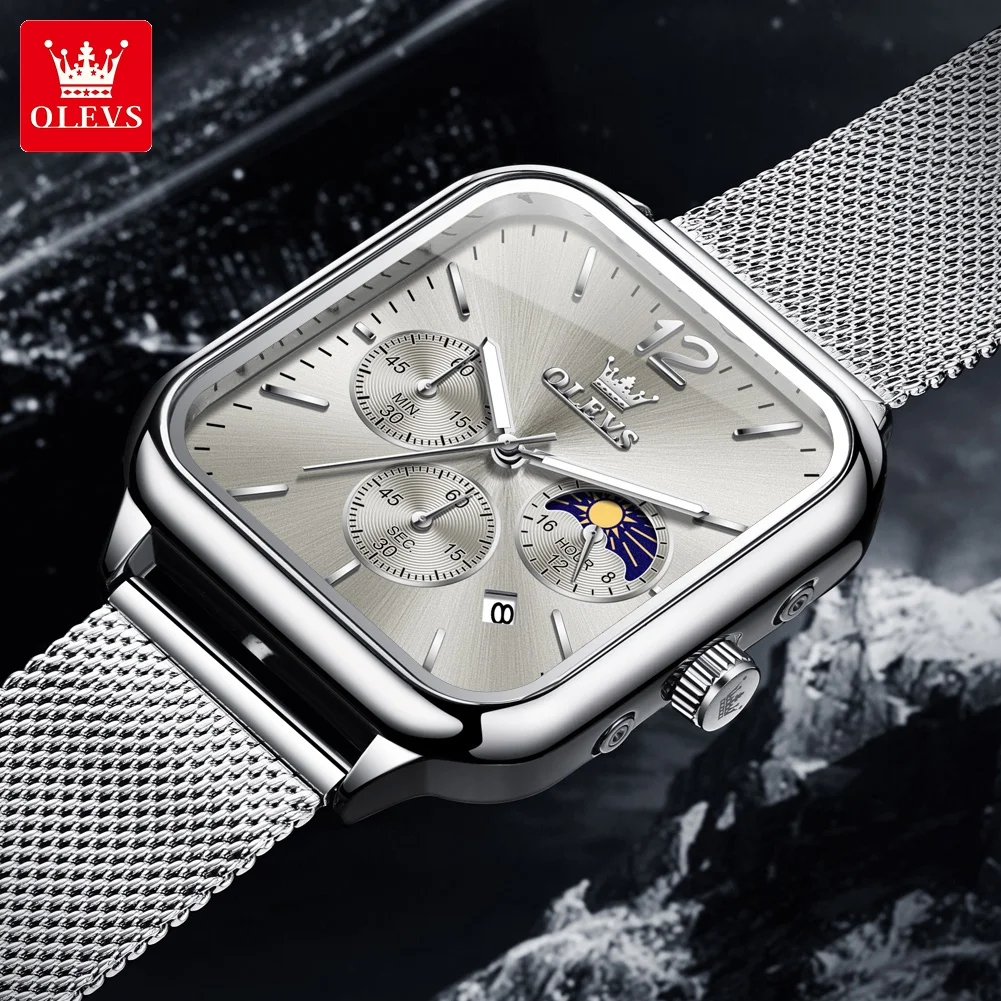 

OLEVS кварцевые мужские наручные часы с квадратным циферблатом, деловые водонепроницаемые часы с датой и фазами Луны для мужчин, модные повседневные часы с хронографом