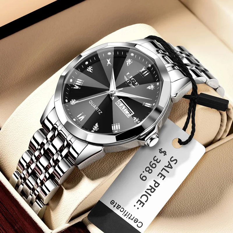 

LIGE мужские часы из нержавеющей стали, роскошные кварцевые часы высшего качества со скрытой застежкой, водонепроницаемые светящиеся спортивные наручные часы с датой недели