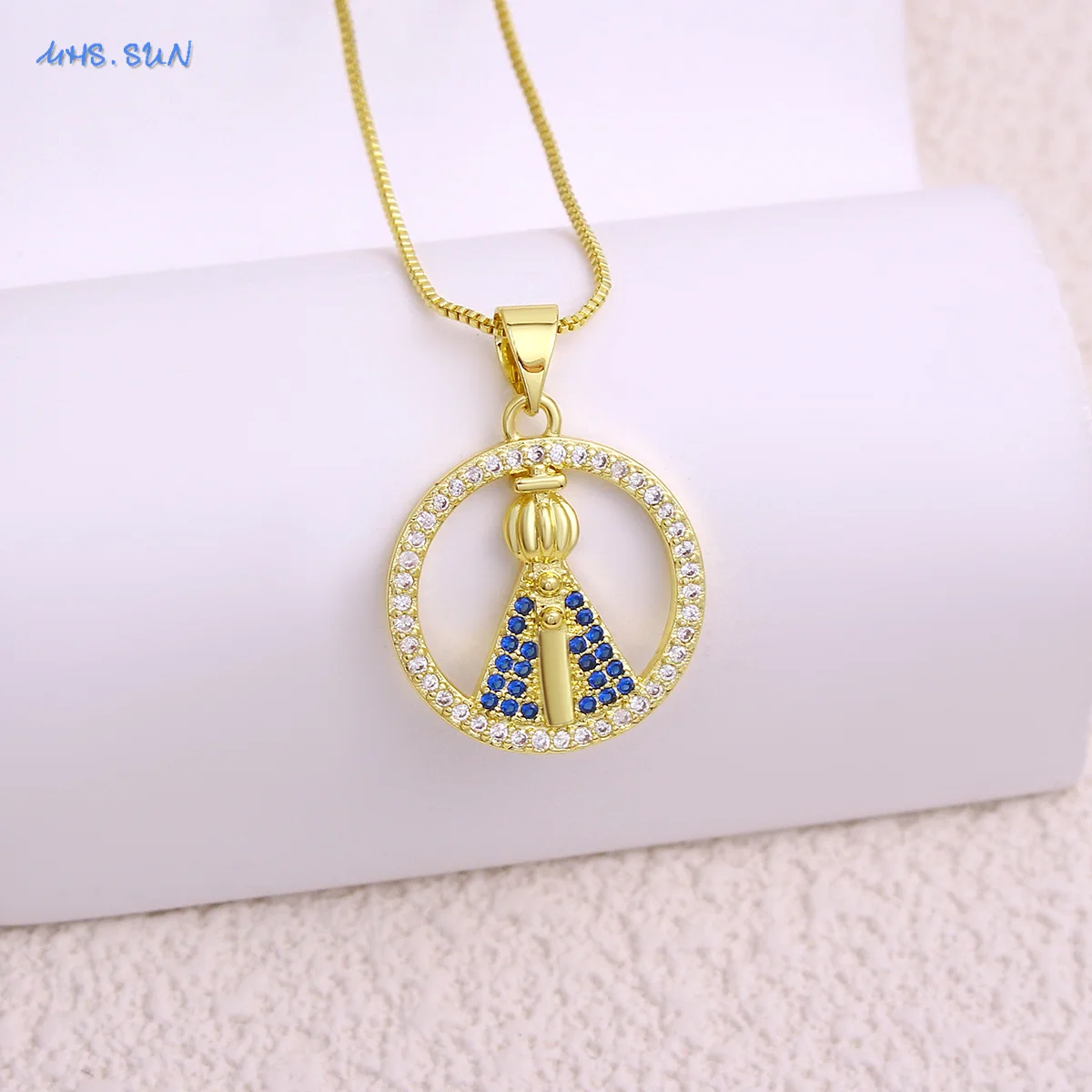 SUNSLL Gold Plated Round Hollow Lujan Virgin Mary Pendant Necklaces Cubic Zircon For Women Men Religious Chain Jewelry Gifts