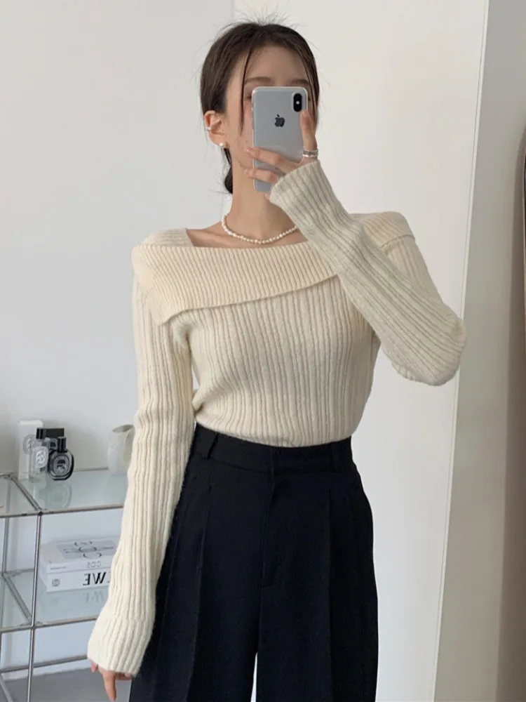 

Chic Autumn Soft Design Sensation One Shoulder Long Sleeve Slimming Base Layer Sweater Commute Style Regular Fit Knitted Top