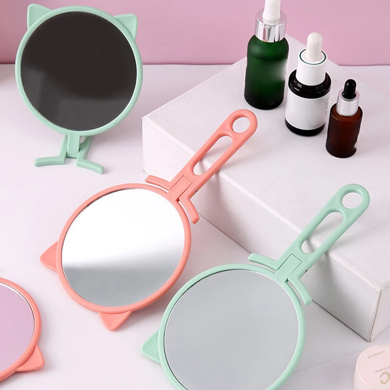 1pc Simple Cat Ears specchio per il trucco portatile HD specchio da tavolo pieghevole portatile a doppio uso specchio per il trucco con manico per studenti a prezzi accessibili