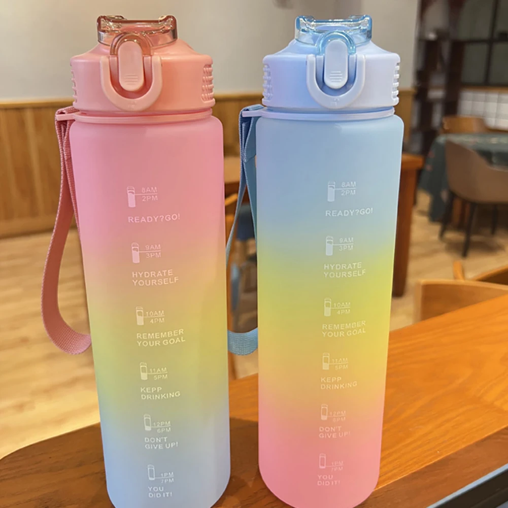 ストロー付きスポーツボトル,1リットル,カップ,マーカー付き,漏れ防止,屋外ジム用,キャンプ用
