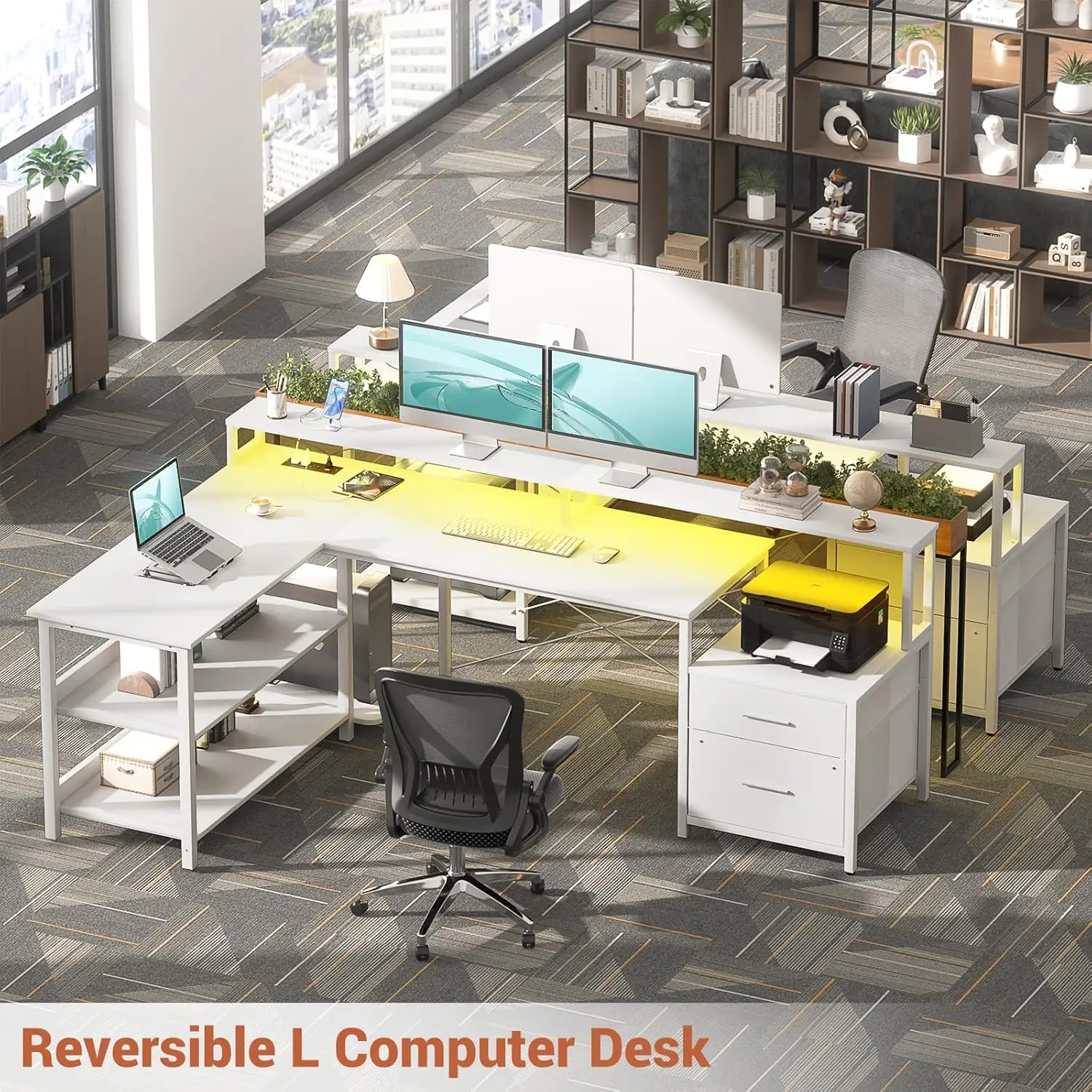 66' Reversible L Shaped Desk, File Drawer, Power Outlet, LED Strip, Gaming Desk, Monitor Stand, Storage, White