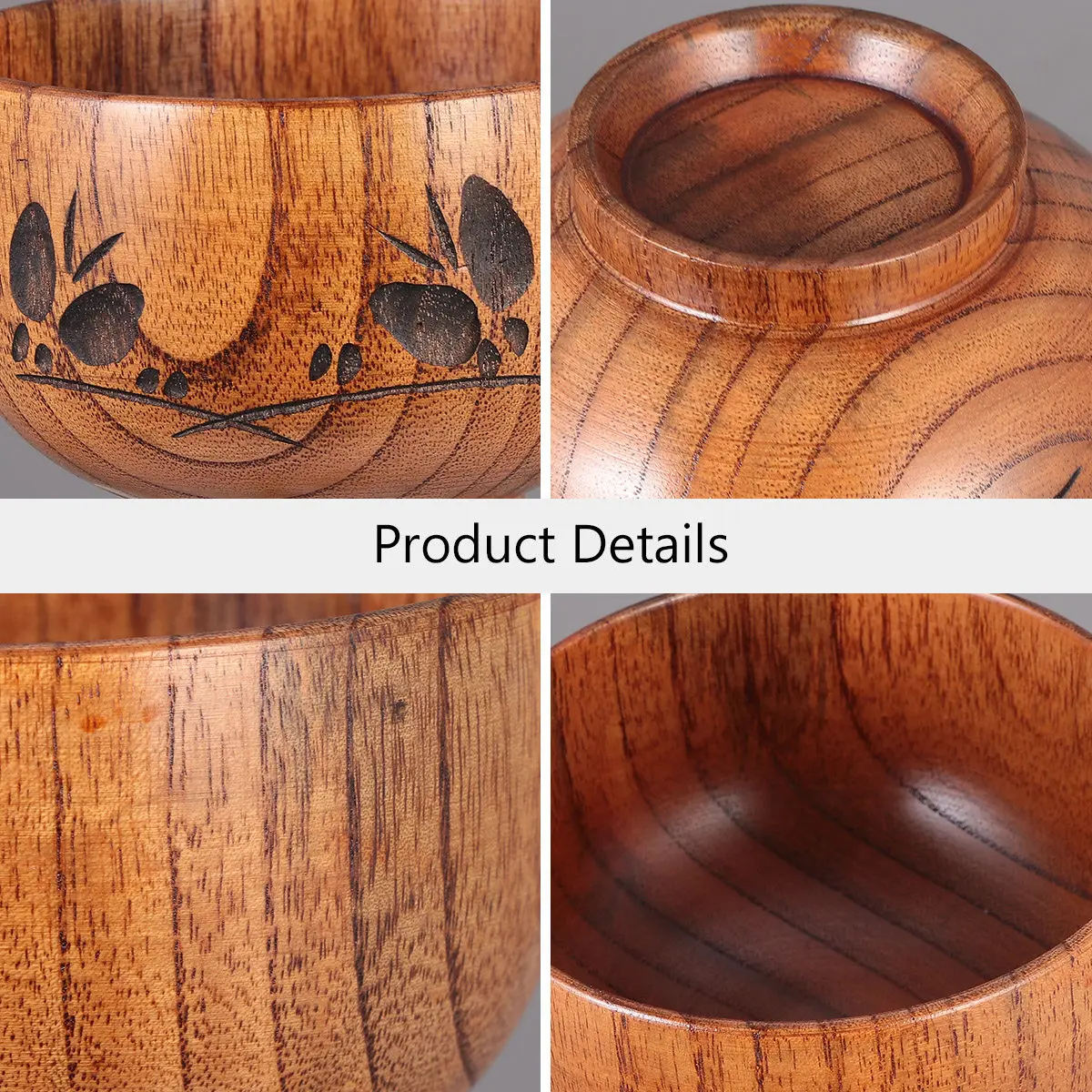 

Деревянная миска (1 шт.) из натурального дерева, с нескользящим основанием и резным узором, для супа, риса, завтрака и ужина, для детей и взрослых