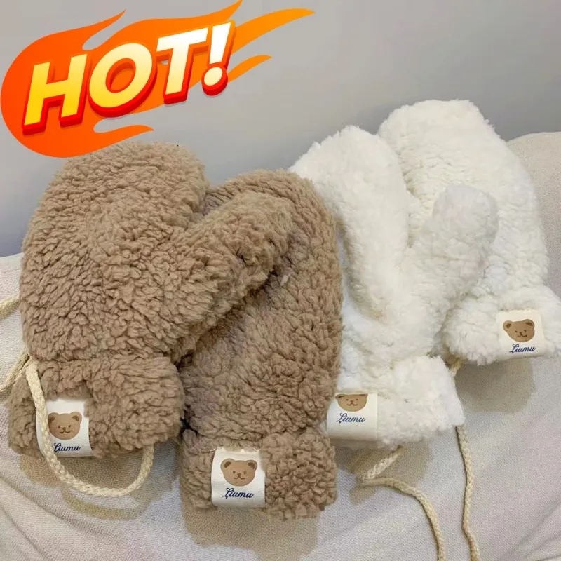 

Cartoon Plush Bear Gloves Women Winter Wool Fleece Thicken Warm Hanging Neck Mittens Windproof Cold-proof Solid Color Gloves