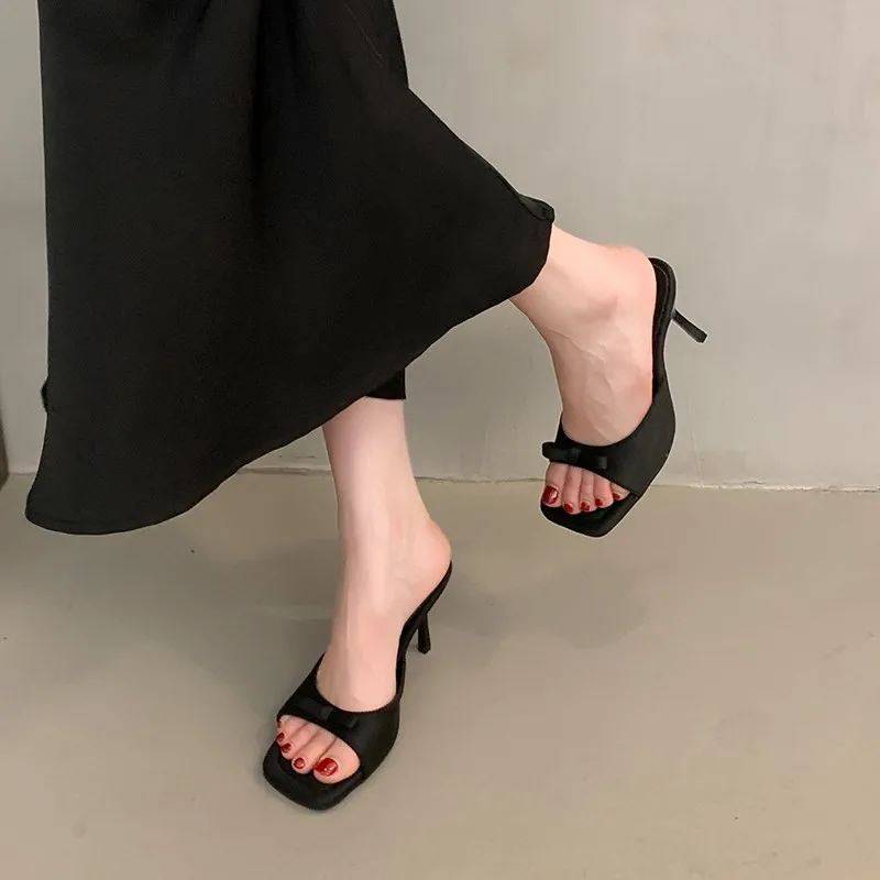 2025 New Slipper Mules Low High Heels Shoes Summer Best Street Look Females Square Head Open Toe Bow Strappy Sandals Women