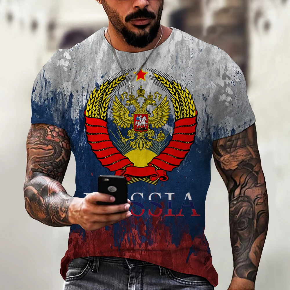 2024 New Men\'S Clothing Fashion Russia Flag 3D Printing Print Men\'S Russia Bear T-Shirt Short Sleeve  Streetwear Oversized Top