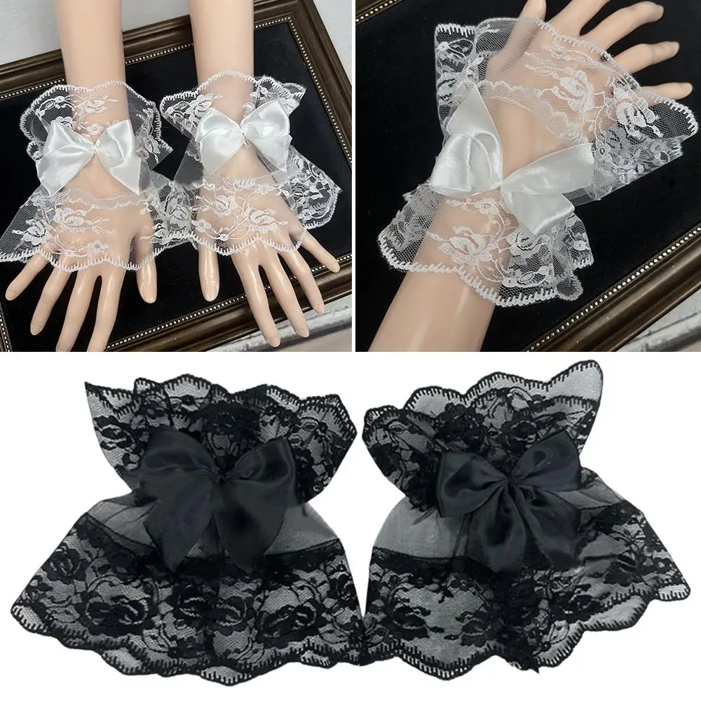 Female Sweater Lolita Bow Fake Sleeves Hollow Crochet Floral Lace Horn Cuffs Embroidery Flounces Ruffles Elastic Wrist Warmers