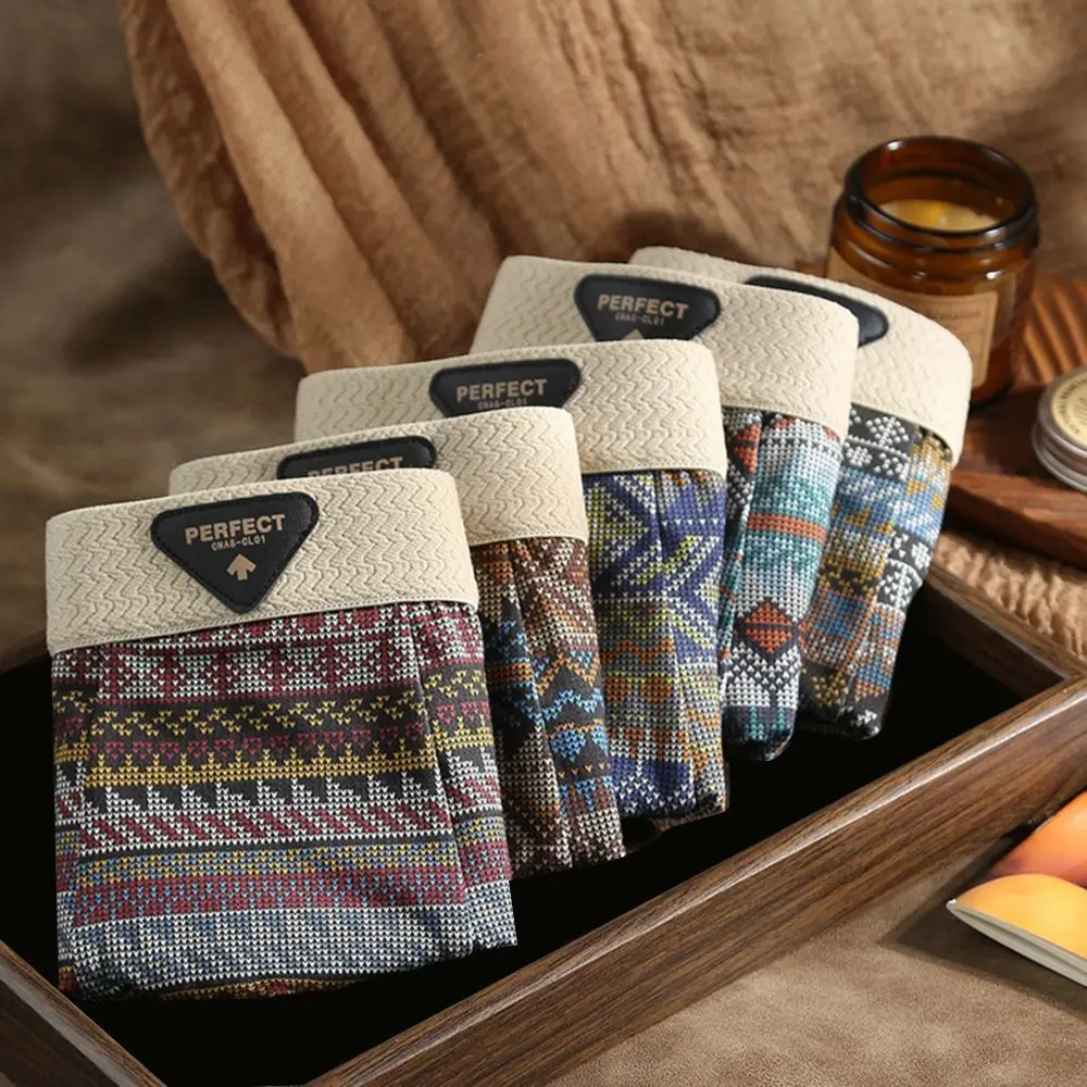 Retro Cotton Boxer Briefs Ultra Soft Breathable Men's Underwear Ethnic Style 3D Support Pouch Antibacterial Underpants
