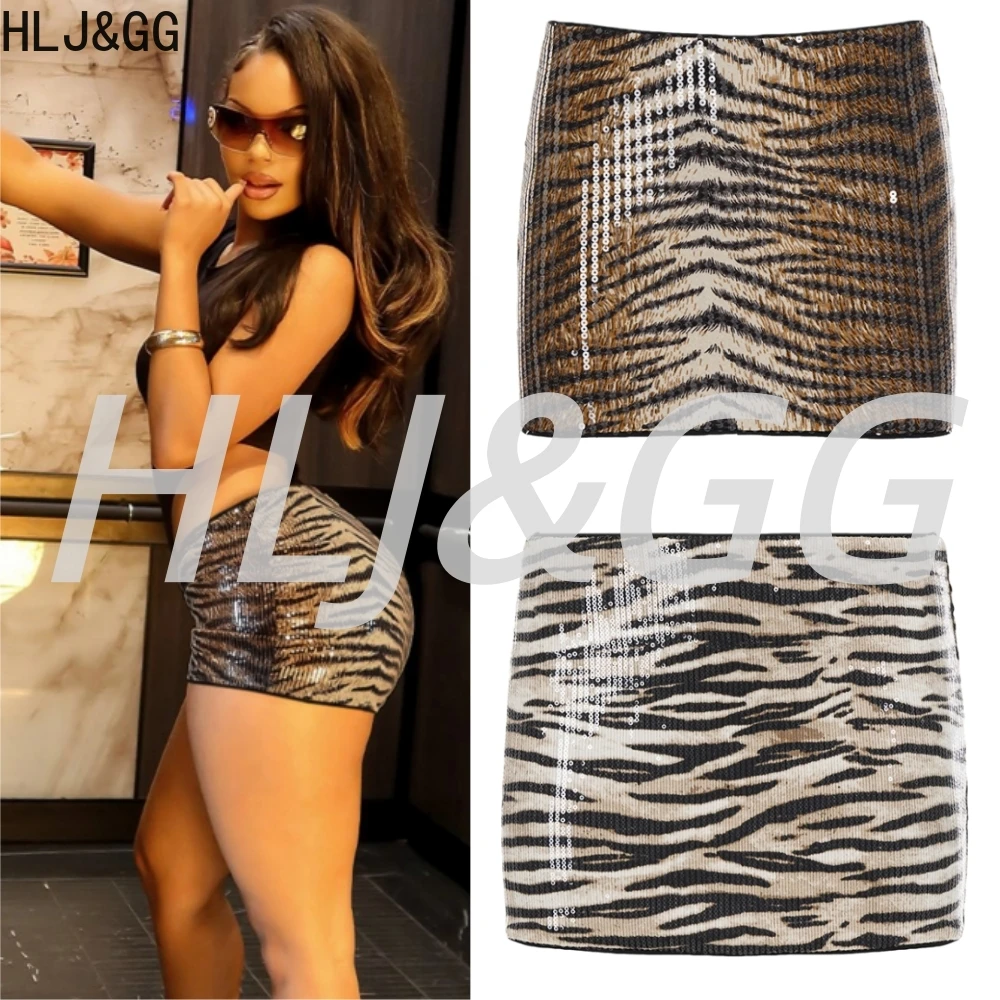 

HLJ&GG Fashion Retro Leopard Print Sequin Mini Skirts Women High Waist Zip Slim Skirts Sexy Female Sparkling Bottoms Streetwear