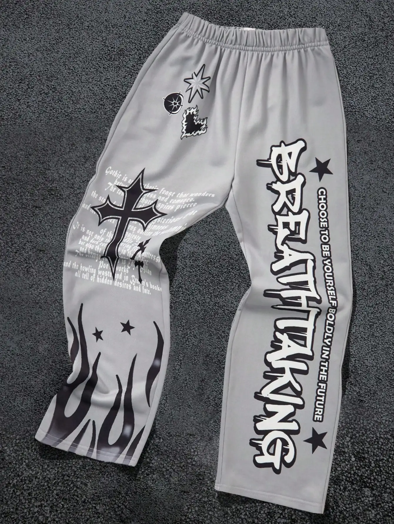 

Gray Youth Streetwear Joggers with Gothic Cross & Flame Print