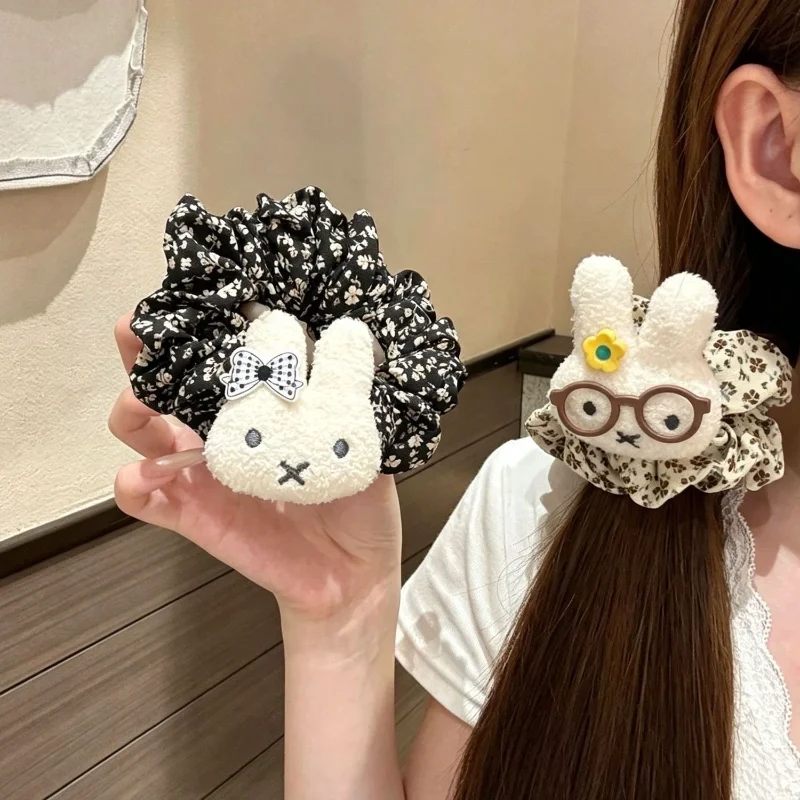 New Autumn/Winter Floral Miffy Rabbit Scrunchie, Milk Coffee Cute Girly Hair Accessory Ponytail Holder