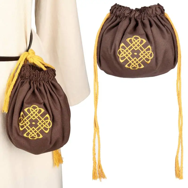 

DAZCOS Medieval Embroidered Pouch Coin Purse Waist Bags with Tassels 14-15th Century Belt Bag Brocade Hip Bag for Larp Medieval