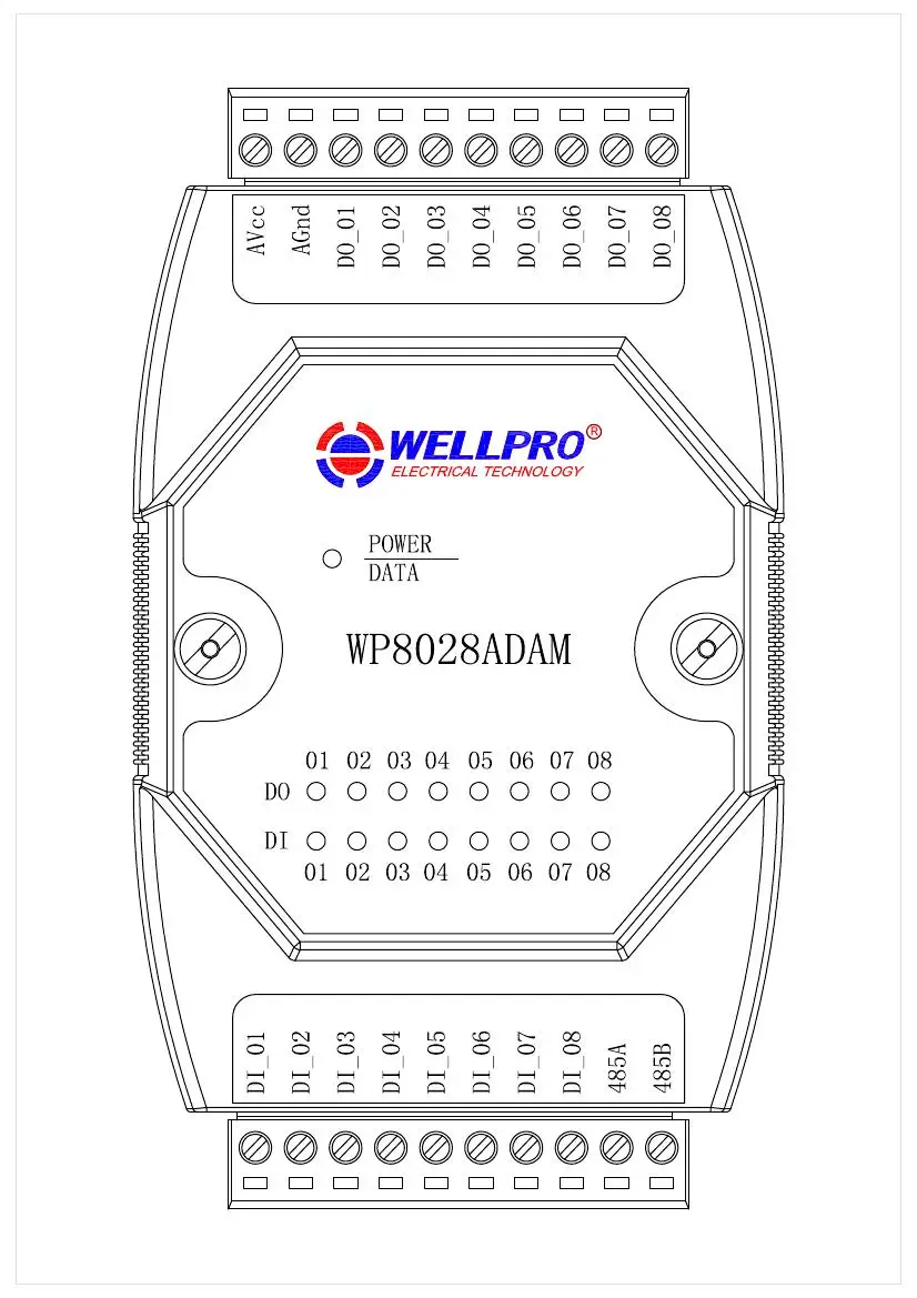 8DI / 8DO _ Digital input and output module / Optocoupler isolated / RS485 MODBUS RTU communications Wellpro WP8028ADAM