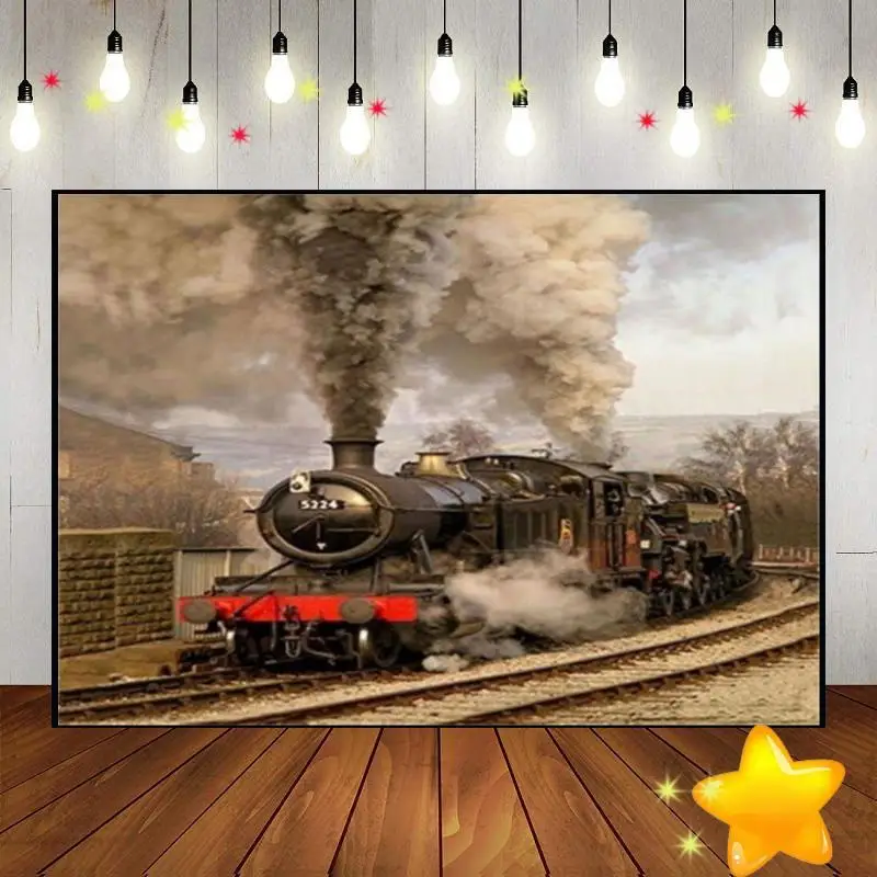 Old Steam Locomotive Background Train Railroad Track Baby Shower Vintage Station Photography Backdrops Decoration Photo Banner