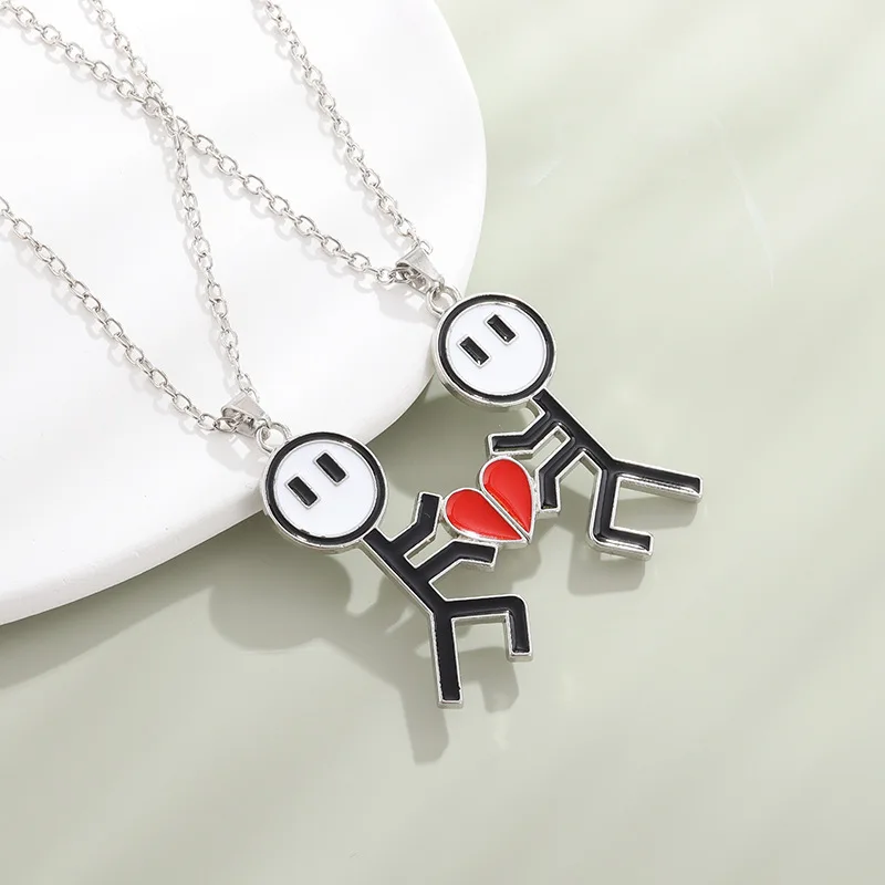 2 Pcs New Cute Love Splicing Stickman Couple Magnetic Necklace Fashionable Hip Hop Fun Pendant Necklace As A Gift for Friends