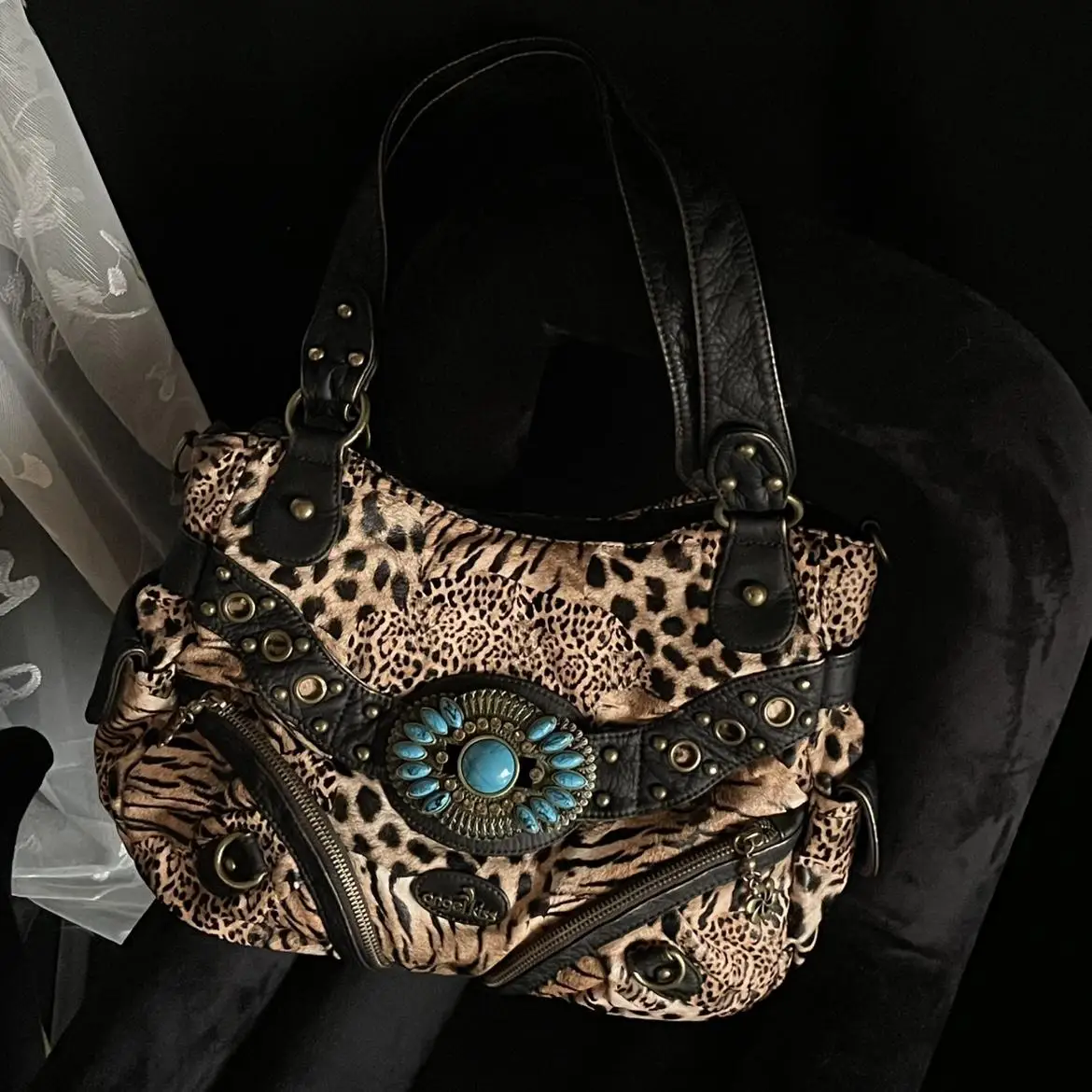 

Angel Kiss Punk Leopard Print Underarm Crossbody Bag Streetwear Millennial Hot Girl Vintage Angel Slanted Crossbody Bag