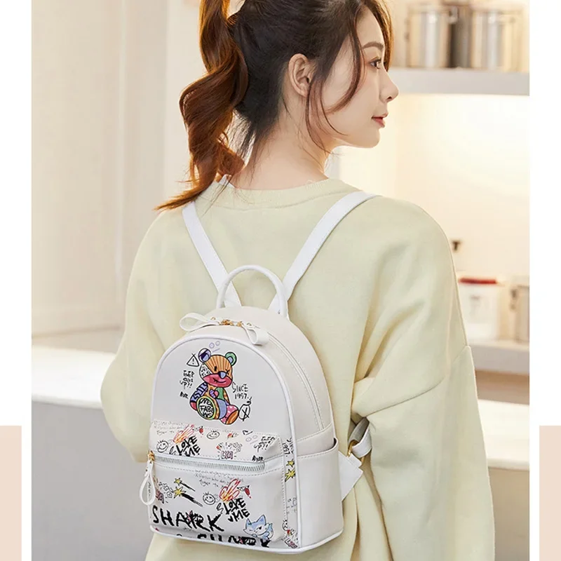 New Korean Fashion Personality Bear Graffiti Pu Womens Small Backpack Mini School Bag Casual High Capacity Schoolbags