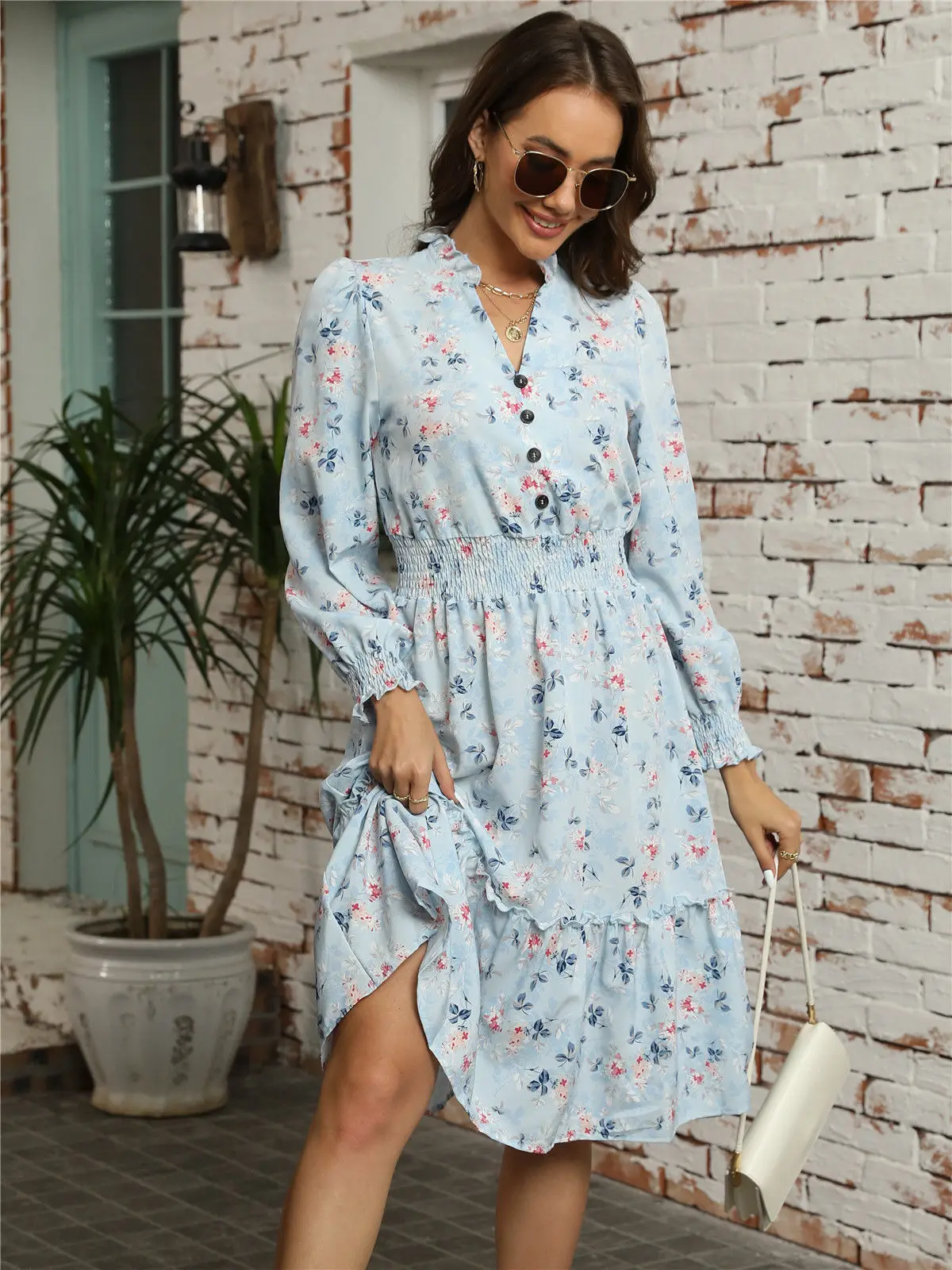 Msfilia الخريف الشتاء المرأة موضة كم طويل طباعة أنيقة الخامس الرقبة عادية ألف خط الركبة طول عالية الخصر فستان