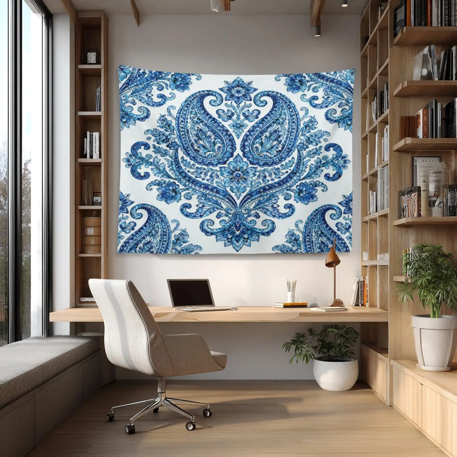 Large Blue Paisley Tapestry Boho Moroccan Wall Decor Ethnic Accent Fabric Living Room Tapestry 180x230cm