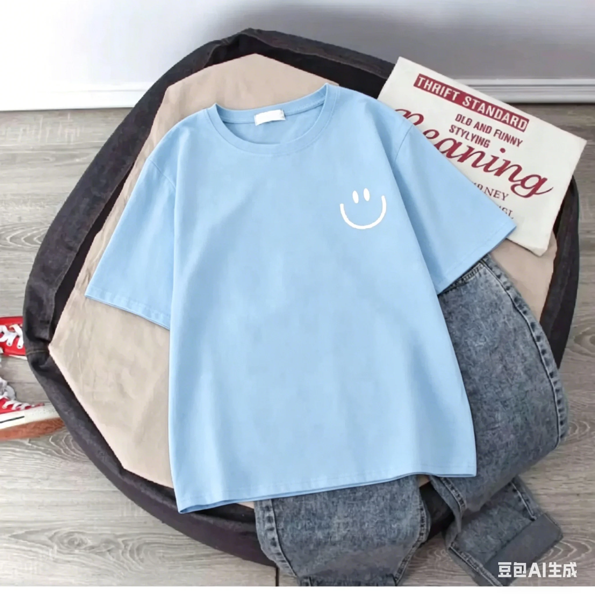 Sommerliches T-Shirt mit lächelndem Gesicht für Kinder, kurzärmelig, aus reiner Baumwolle, locker sitzend, vielseitig, einfach, cool, für Mädchen – Detail 2