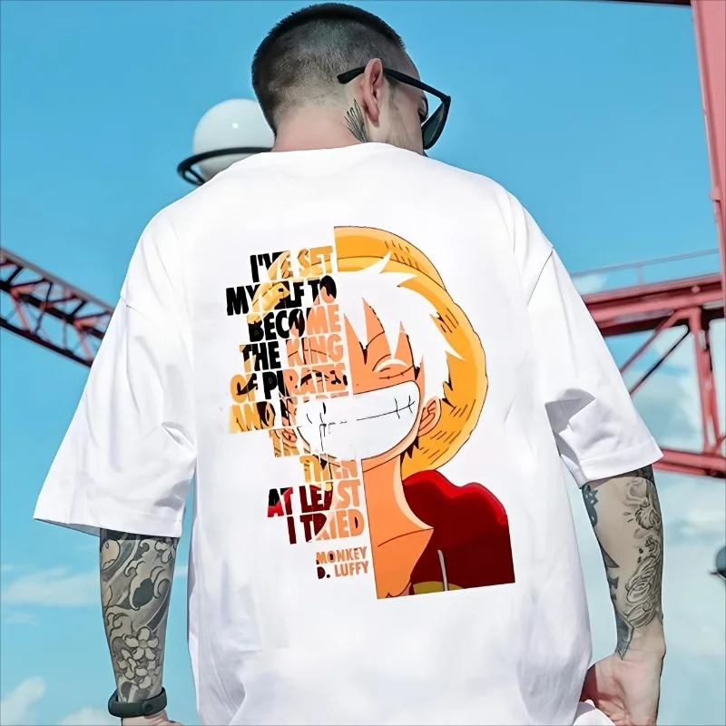

100% хлопок, новая летняя модная брендовая хлопковая футболка с короткими рукавами для японских мультфильмов для мальчиков, футболка «Пиратский король Луффи»