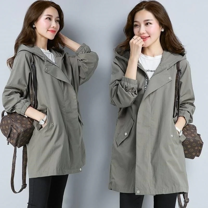 2024 Spring Trench Coat Women\'s Outerwear Loose 5XL Print Zipper Overcoat Double Layer Lining Windbreaker Female Casual Outwear