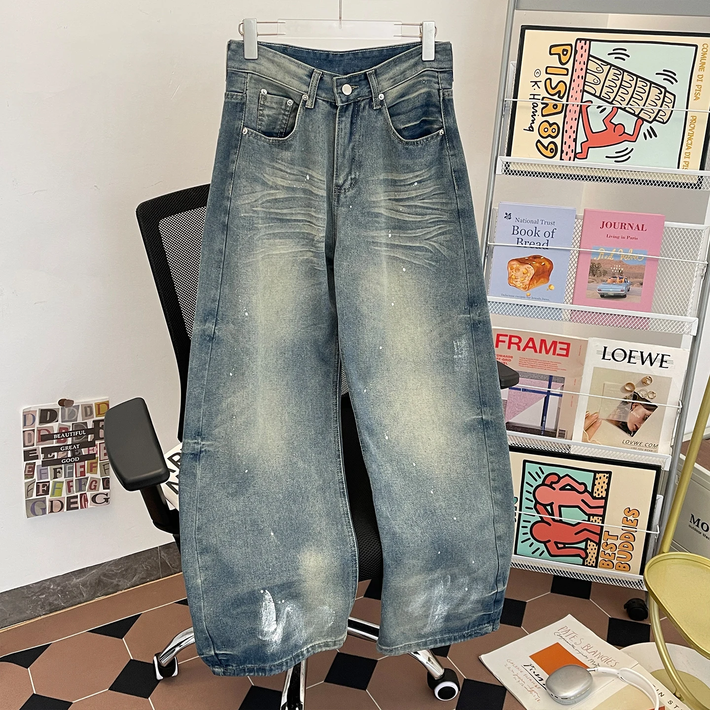 

Retro American Dyeing Knife Jeans Men's Street Sle Faded Loose Drapey Straight Leg Wide Leg Floor Length Pants