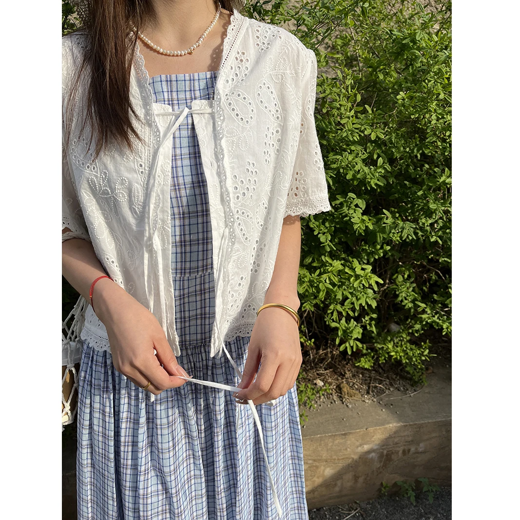 

Женский топ Ele Sweet с поясом, с вышивкой, V-образным вырезом, ажурный, из хлопка, весна-лето, повседневный стиль