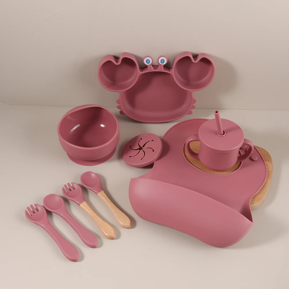 juego-de-8-piezas-de-silicona-con-ventosa-plato-cuchara-tenedor-babero-taza-vajilla-para-bebe-diseno-de-cangrejo-de-dibujos-animados