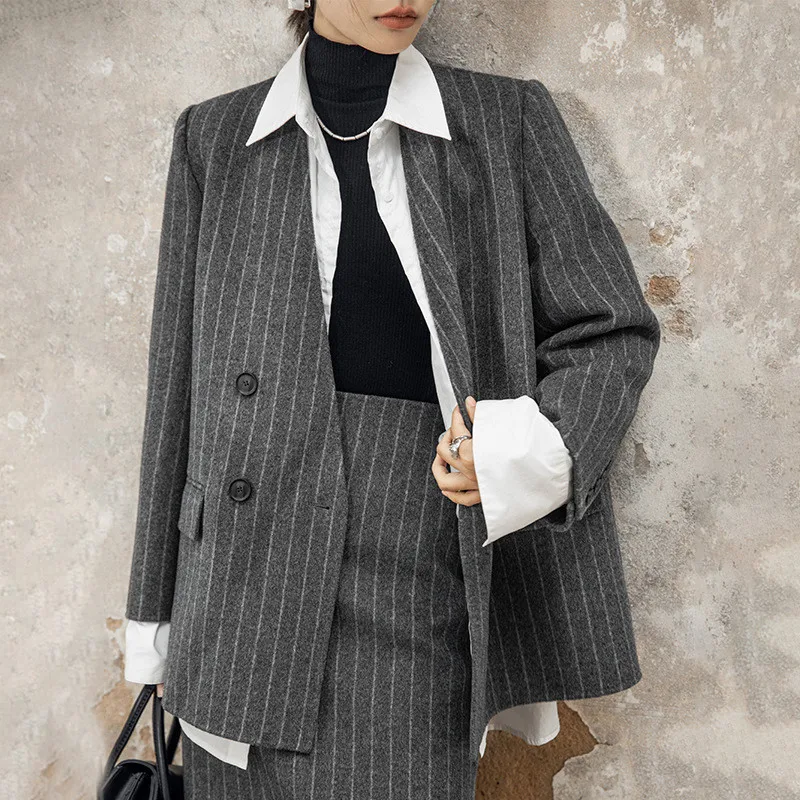 Fashion Women Suit Jacket Female Stripe Woolen Coat Autumn Winter Lady Office Work Suit Jackets Coat Women Casual Coat