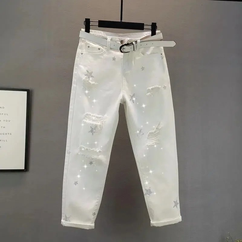 

White Jeans Women's Fashion 2023 Spring/Summer New INS Loose and Slim Star Hot Drill Broken Hole Smoke Tube Pants