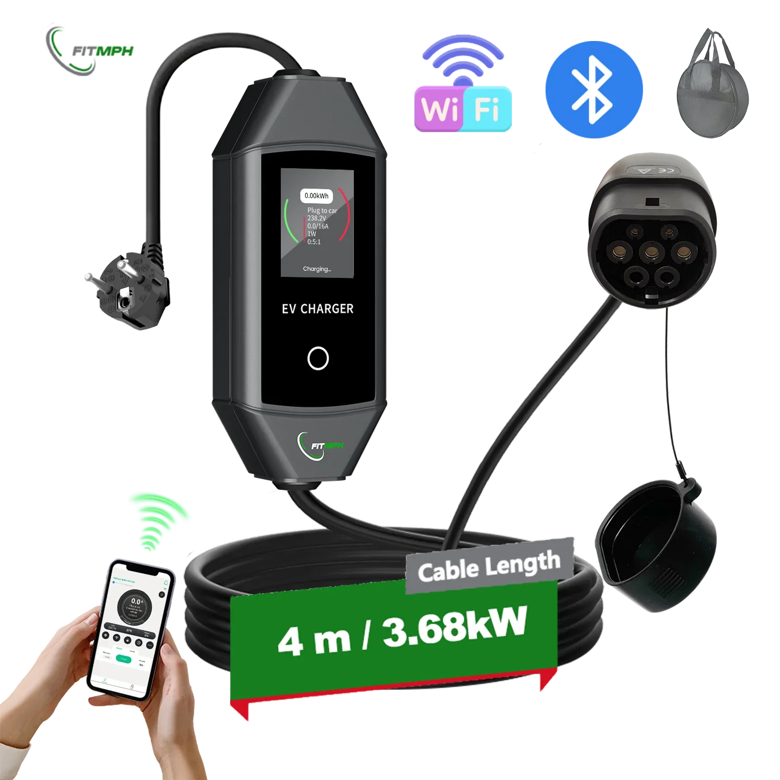 

Умное зарядное устройство FITMPH 3,68 кВт Type2 для электромобилей, портативное зарядное устройство для электромобилей с Wi-Fi и Bluetooth IEC62196-2, вилка Schuko 16 А, Plug and Play