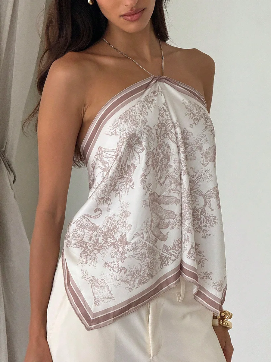 

Women's Sexy Slim Printed Halter Tanks Irregular Backless Lace-Up Tank Tops Female 2026 Summer Resort Casual Vintage Top
