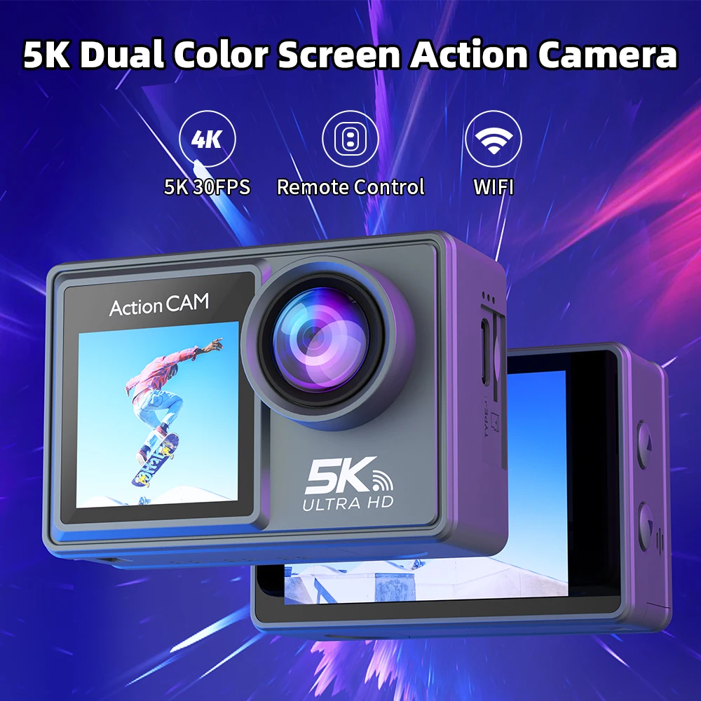 5K 30FPS Action Camera 4K 60FPS Dual Screen 170° Wide Angle 30m Waterproof Sport Camera with Remote Control Bicycle Diving Cam