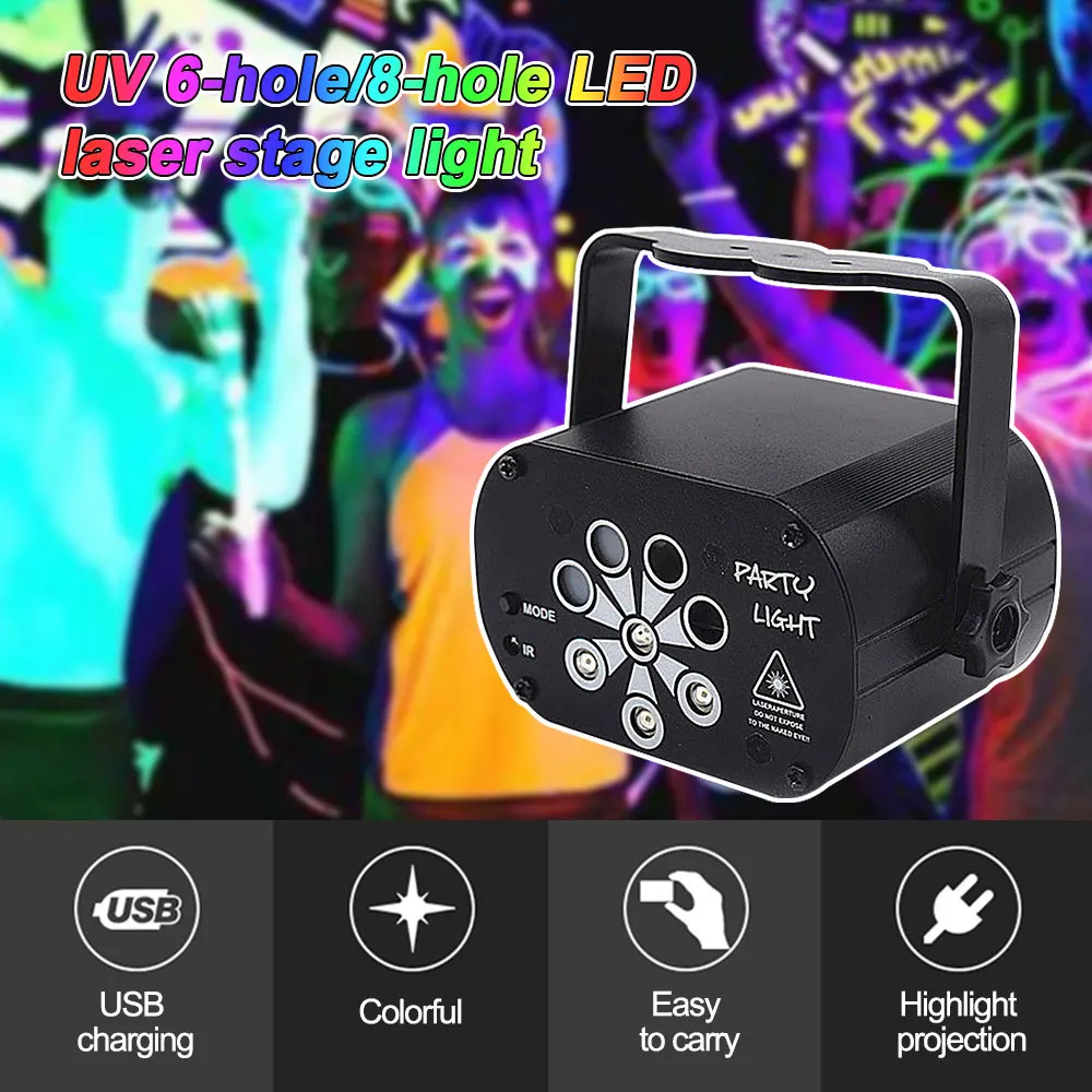 Imagem -03 - Mini dj Disco Laser Projetor de Luz Usb Recarregável uv 6-hole 8-hole Sound Strobe Efeito de Palco Casamento Xmas Holiday Party Lamp